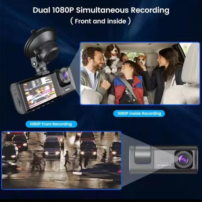 Dash Cam Voiture 3 Caméras – Full HD 1080P Avant & Intérieur + Caméra Arrière 720P, GPS Intégré, Enregistreur de Conduite Intelligent, Boîte Noire Véhicule